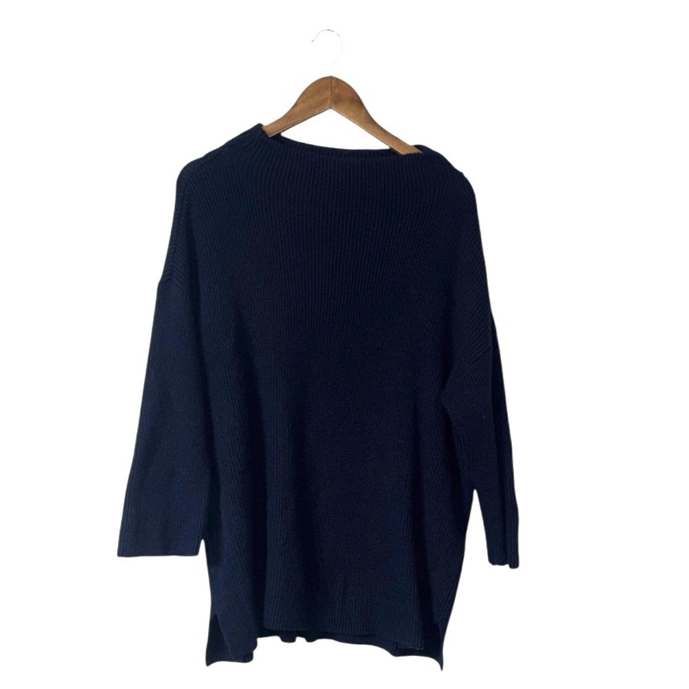 Chico’s Blue Ribbed Tunic Sweater Wool Long Length Modern Capsule Size 3 XL